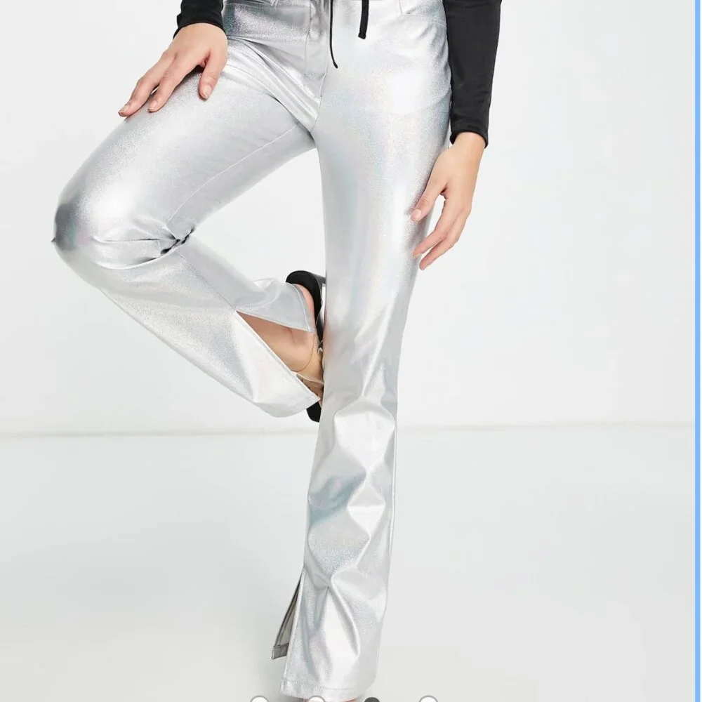 ASOS Design Sparkly Metallic Silver Flare Split Hem Pants Women's size 0